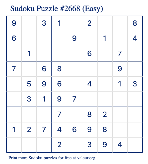 Free Printable Easy Sudoku Puzzle number 2668