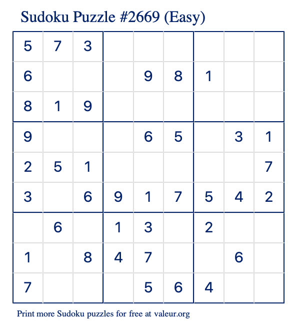 Free Printable Easy Sudoku Puzzle number 2669
