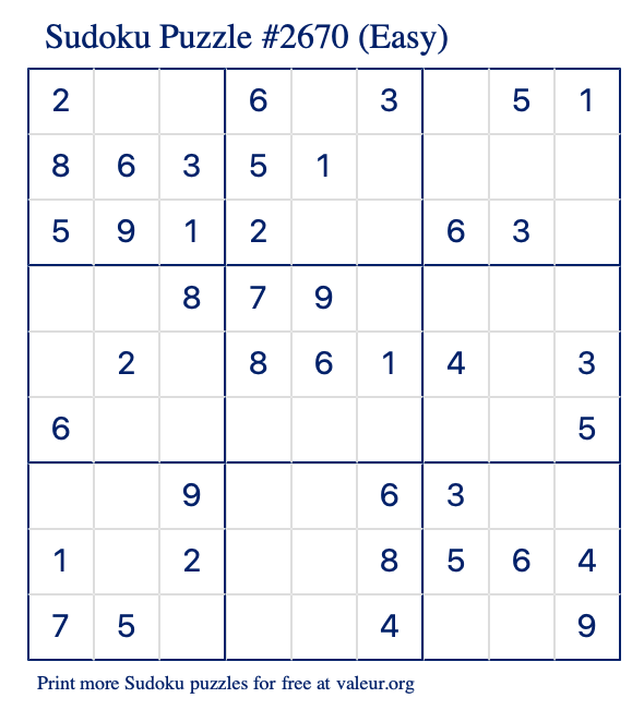 Free Printable Easy Sudoku Puzzle number 2670
