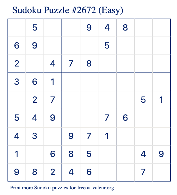Free Printable Easy Sudoku Puzzle number 2672