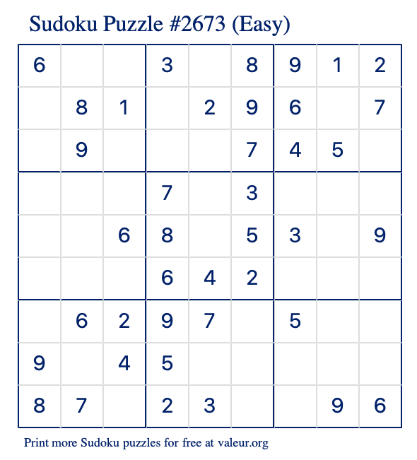 Free Printable Easy Sudoku Puzzle number 2673