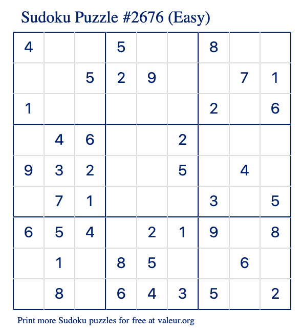 Free Printable Easy Sudoku Puzzle number 2676