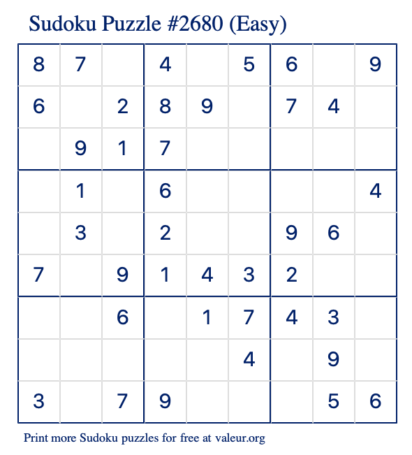 Free Printable Easy Sudoku Puzzle number 2680