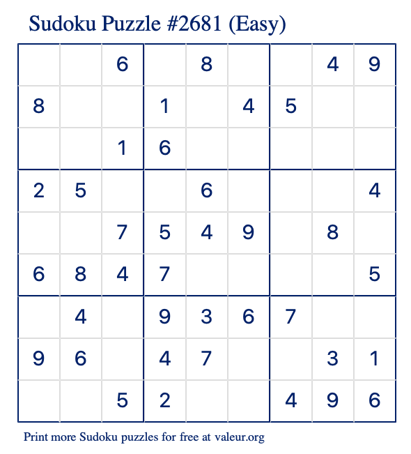 Free Printable Easy Sudoku Puzzle number 2681