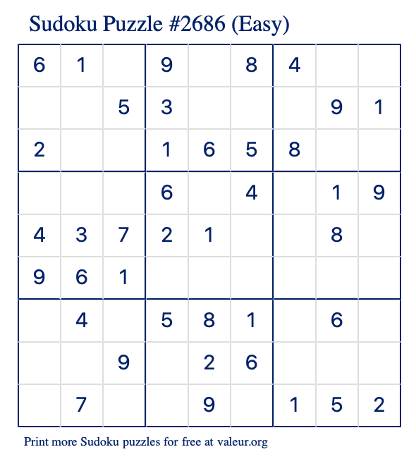 Free Printable Easy Sudoku Puzzle number 2686