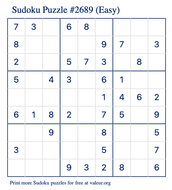 Free Printable Easy Sudoku Puzzle number 2689