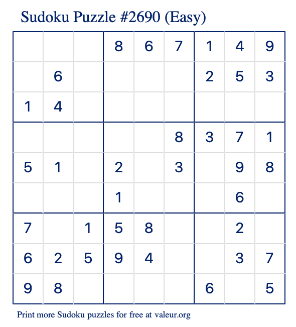Free Printable Easy Sudoku Puzzle number 2690
