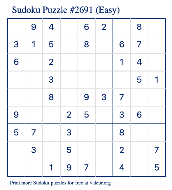 Free Printable Easy Sudoku Puzzle number 2691
