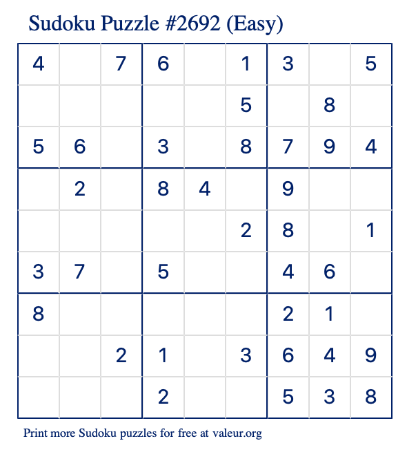 Free Printable Easy Sudoku Puzzle number 2692