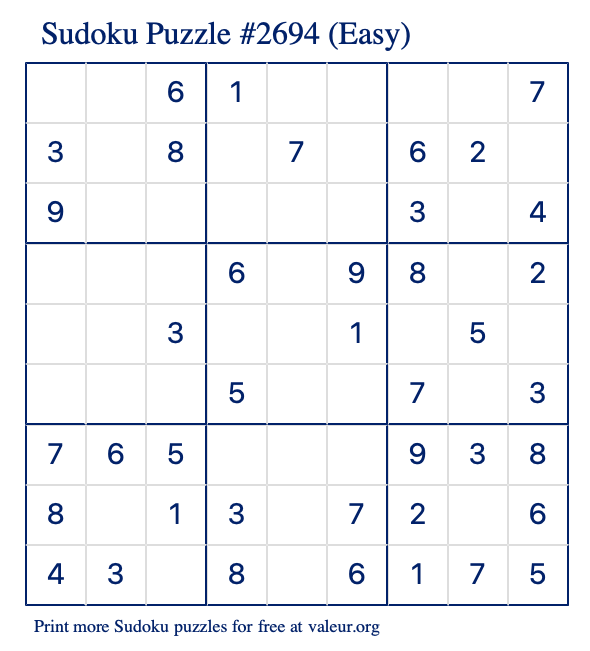 Free Printable Easy Sudoku Puzzle number 2694