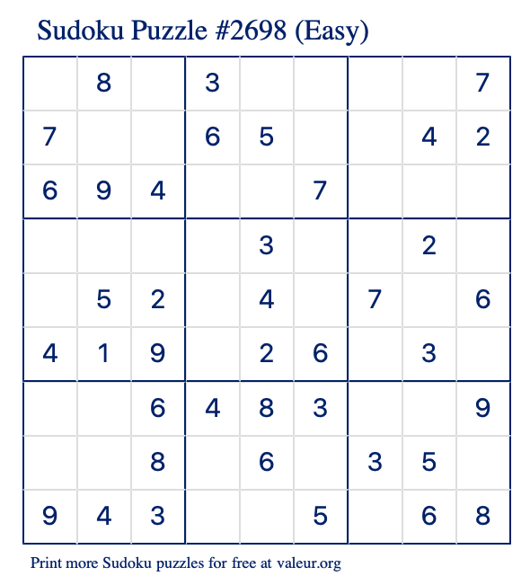 Free Printable Easy Sudoku Puzzle number 2698