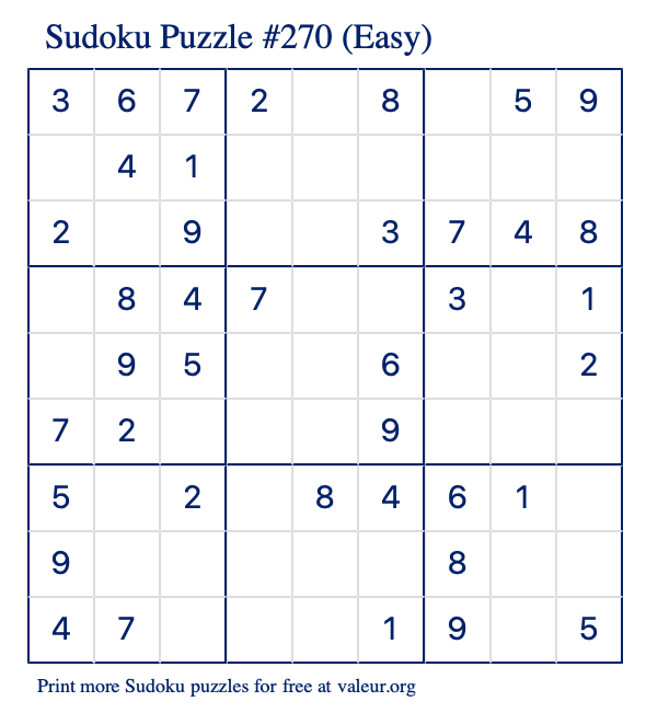 Free Printable Easy Sudoku Puzzle number 270