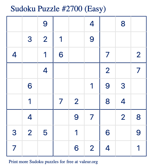 Free Printable Easy Sudoku Puzzle number 2700