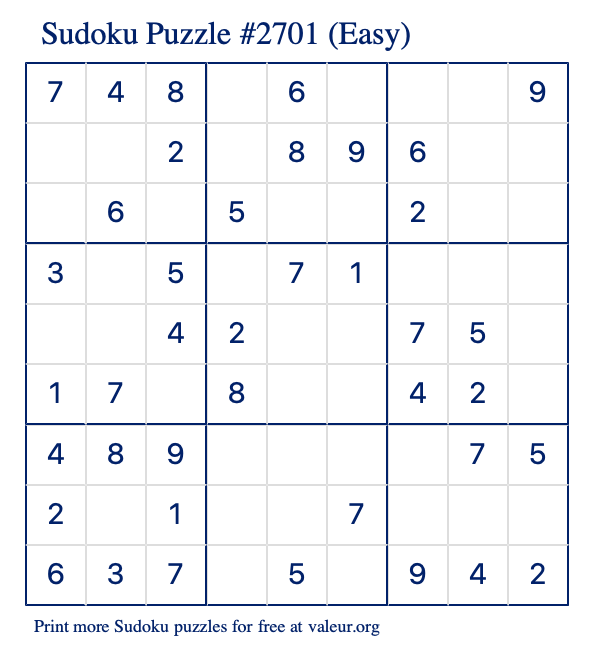 Free Printable Easy Sudoku Puzzle number 2701