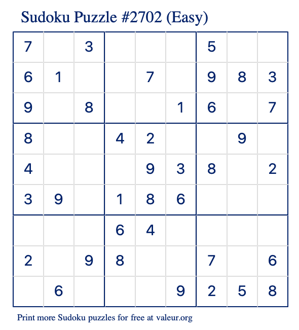 Free Printable Easy Sudoku Puzzle number 2702