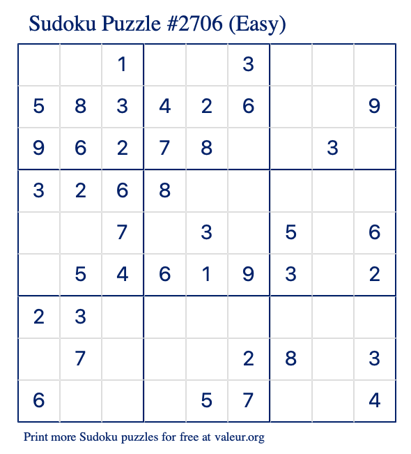 Free Printable Easy Sudoku Puzzle number 2706