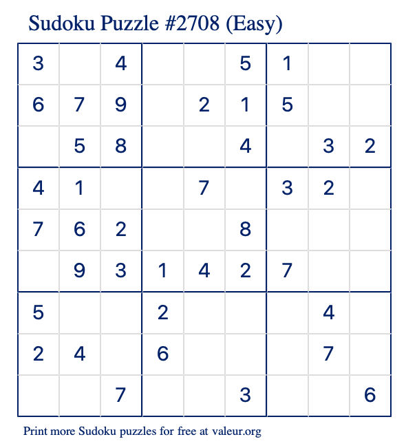 Free Printable Easy Sudoku Puzzle number 2708