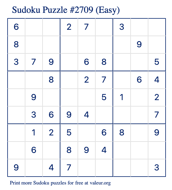 Free Printable Easy Sudoku Puzzle number 2709