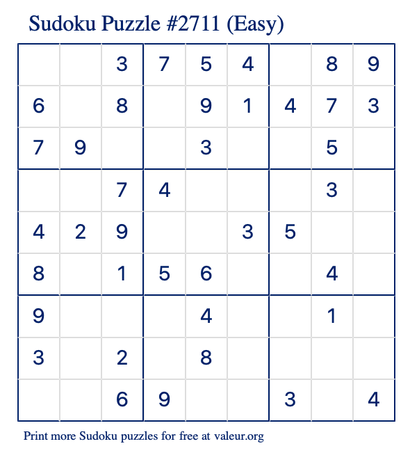 Free Printable Easy Sudoku Puzzle number 2711