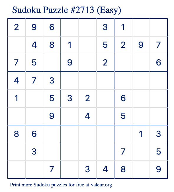 Free Printable Easy Sudoku Puzzle number 2713