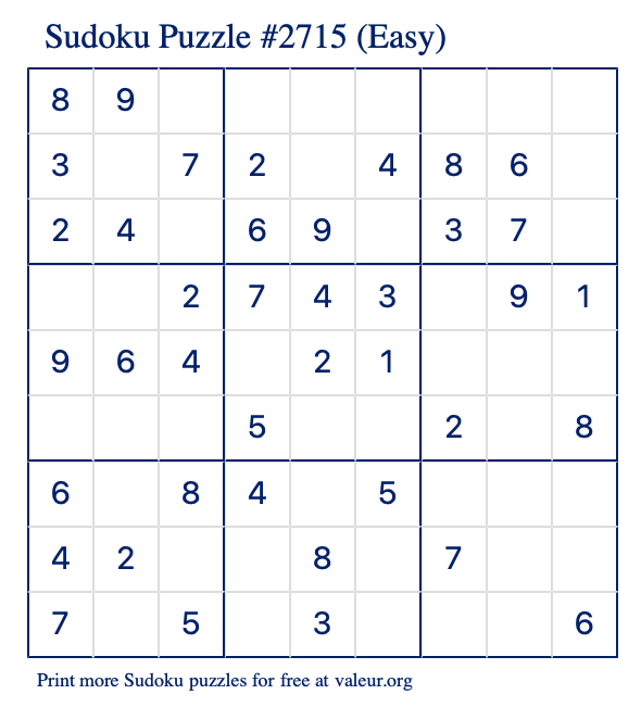 Free Printable Easy Sudoku Puzzle number 2715