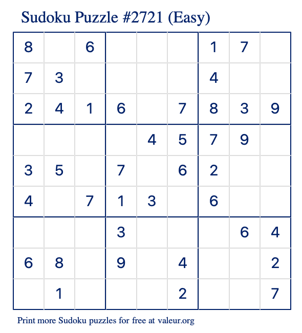 Free Printable Easy Sudoku Puzzle number 2721