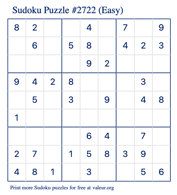 Free Printable Easy Sudoku Puzzle number 2722