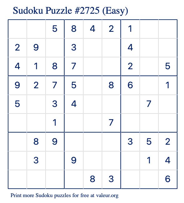 Free Printable Easy Sudoku Puzzle number 2725