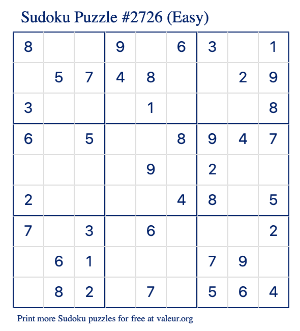 Free Printable Easy Sudoku Puzzle number 2726