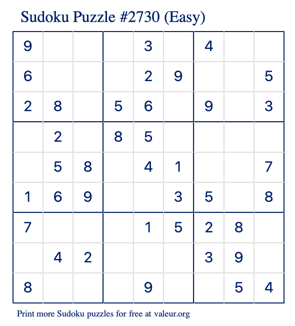 Free Printable Easy Sudoku Puzzle number 2730
