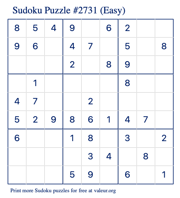 Free Printable Easy Sudoku Puzzle number 2731