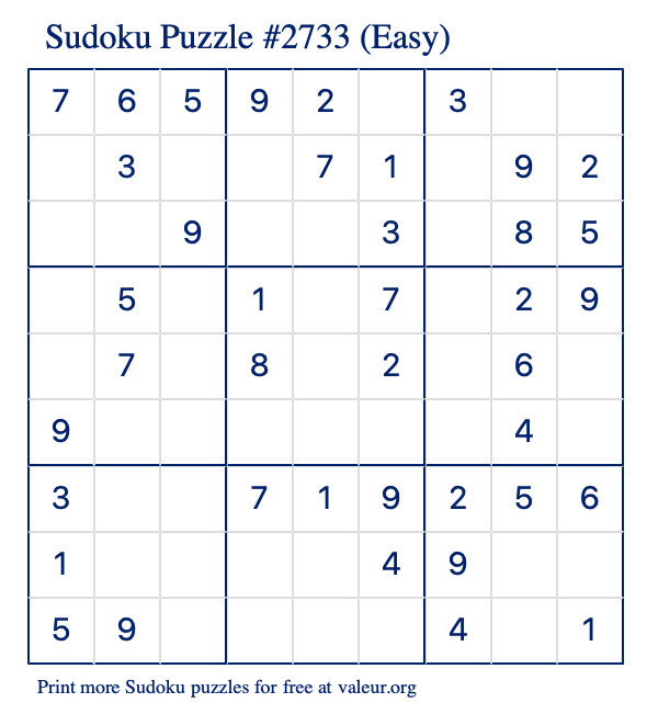 Free Printable Easy Sudoku Puzzle number 2733