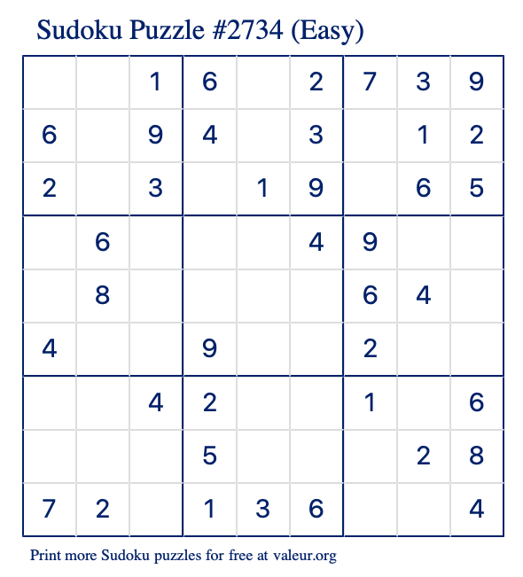 Free Printable Easy Sudoku Puzzle number 2734