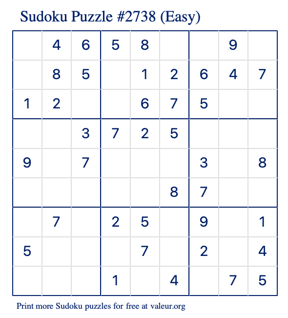 Free Printable Easy Sudoku Puzzle number 2738