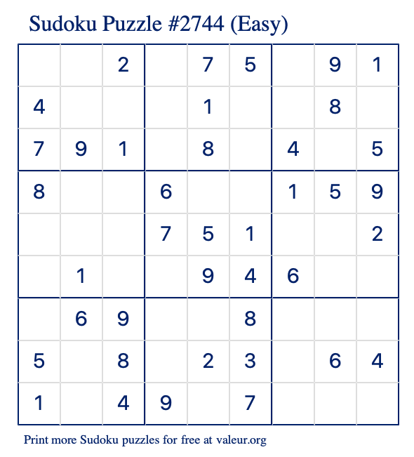 Free Printable Easy Sudoku Puzzle number 2744