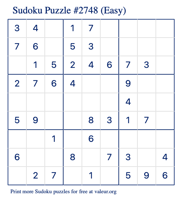 Free Printable Easy Sudoku Puzzle number 2748