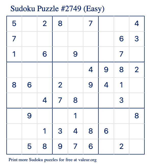 Free Printable Easy Sudoku Puzzle number 2749
