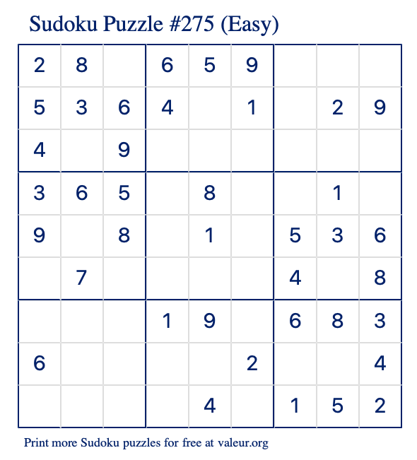 Free Printable Easy Sudoku Puzzle number 275