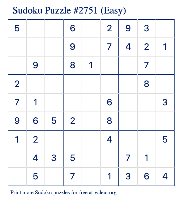 Free Printable Easy Sudoku Puzzle number 2751