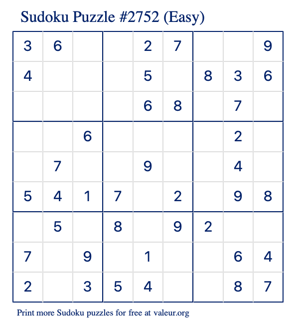 Free Printable Easy Sudoku Puzzle number 2752