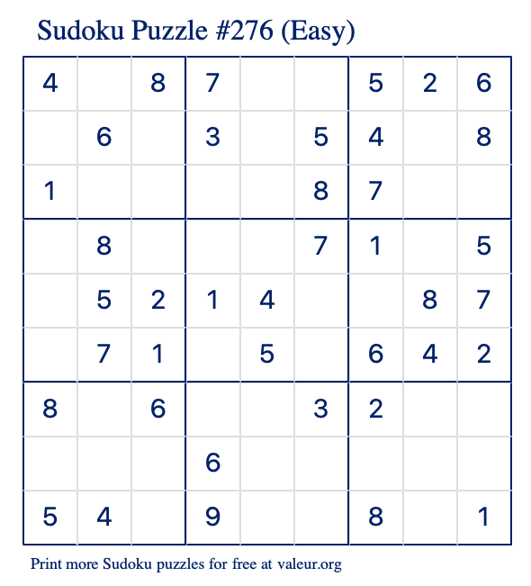 Free Printable Easy Sudoku Puzzle number 276