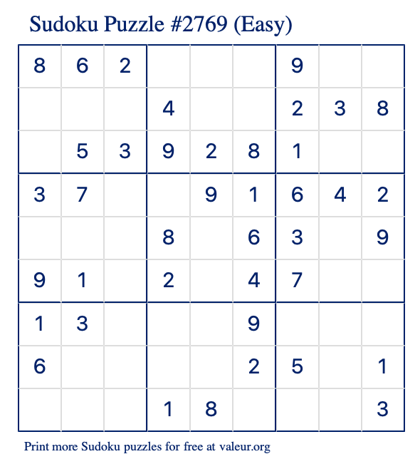 Free Printable Easy Sudoku Puzzle number 2769
