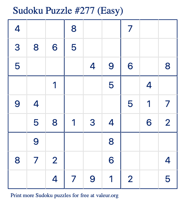 Free Printable Easy Sudoku Puzzle number 277