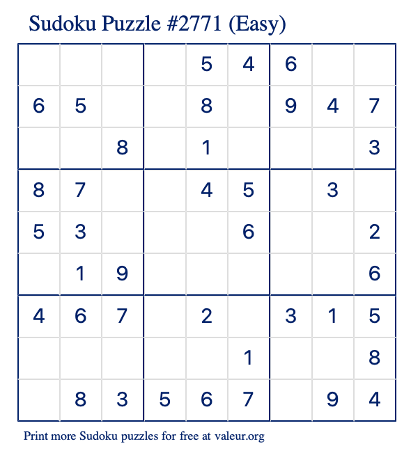 Free Printable Easy Sudoku Puzzle number 2771