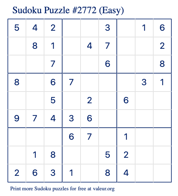 Free Printable Easy Sudoku Puzzle number 2772