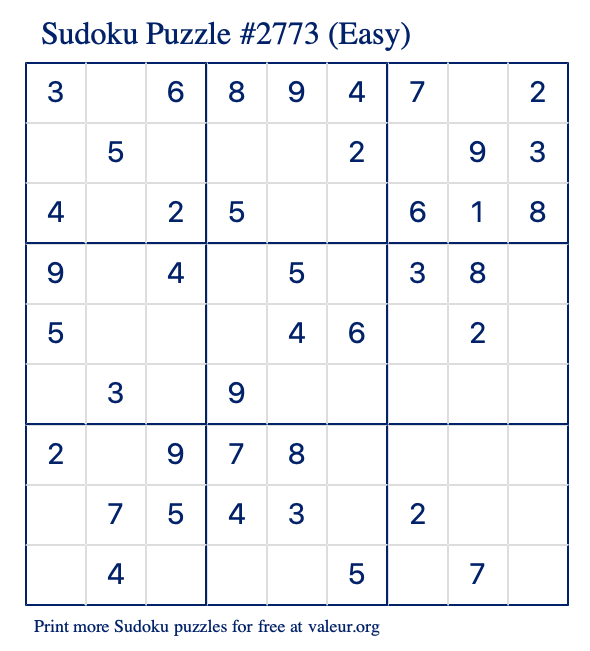 Free Printable Easy Sudoku Puzzle number 2773