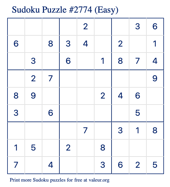 Free Printable Easy Sudoku Puzzle number 2774