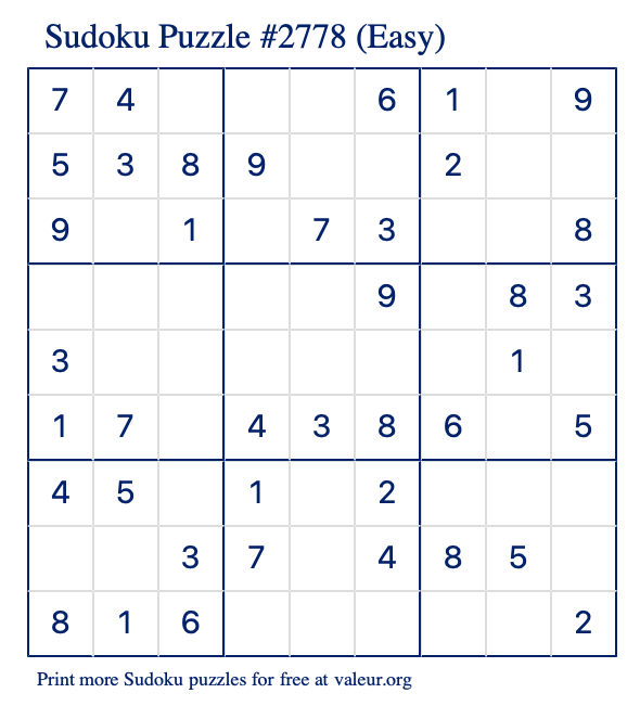 Free Printable Easy Sudoku Puzzle number 2778