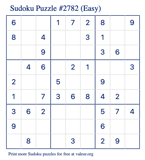 Free Printable Easy Sudoku Puzzle number 2782