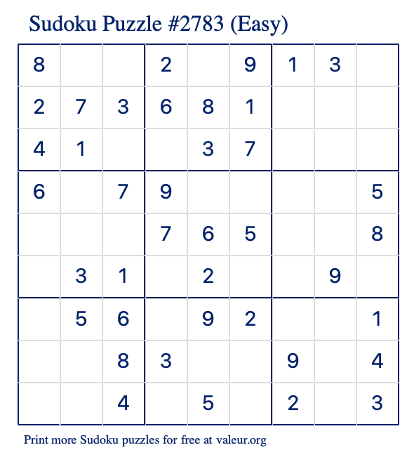 Free Printable Easy Sudoku Puzzle number 2783